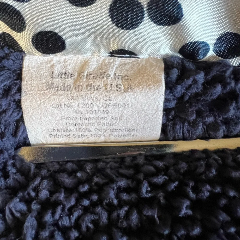 LITTLE GIRAFFE Navy Blue Chenille w Satin Polka Dot Trim Luxe Blanket 35x30” USA